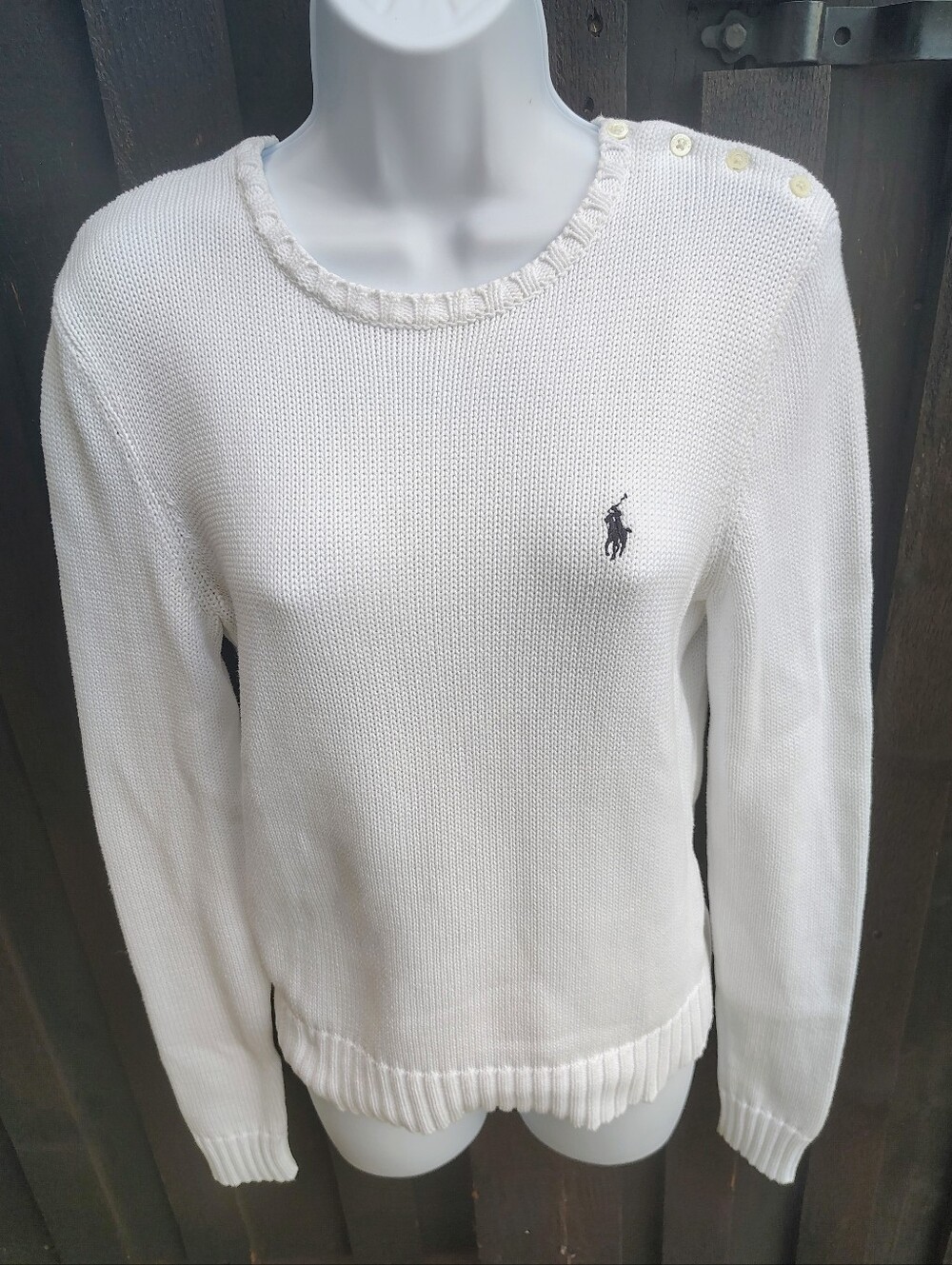 Ralph Lauren White Crewneck Sweater with Button-Shoulder Detail